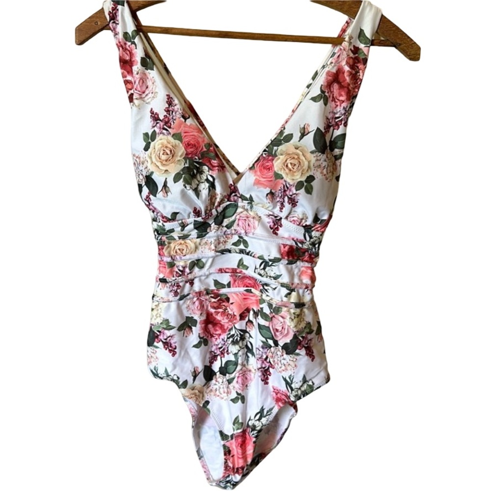 One piece white flower detail ladies swimsuit